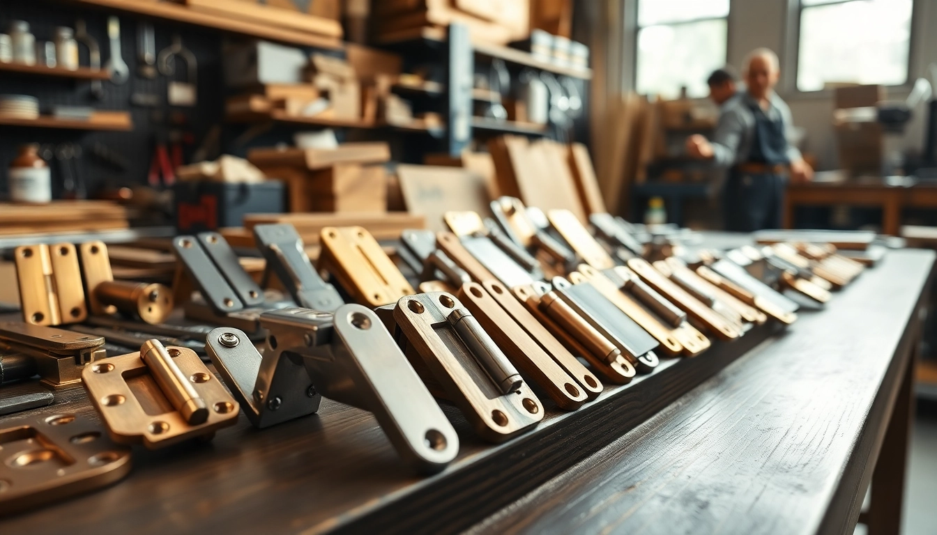 Hinge Supplier displaying a variety of door hinges with distinct finishes and textures.
