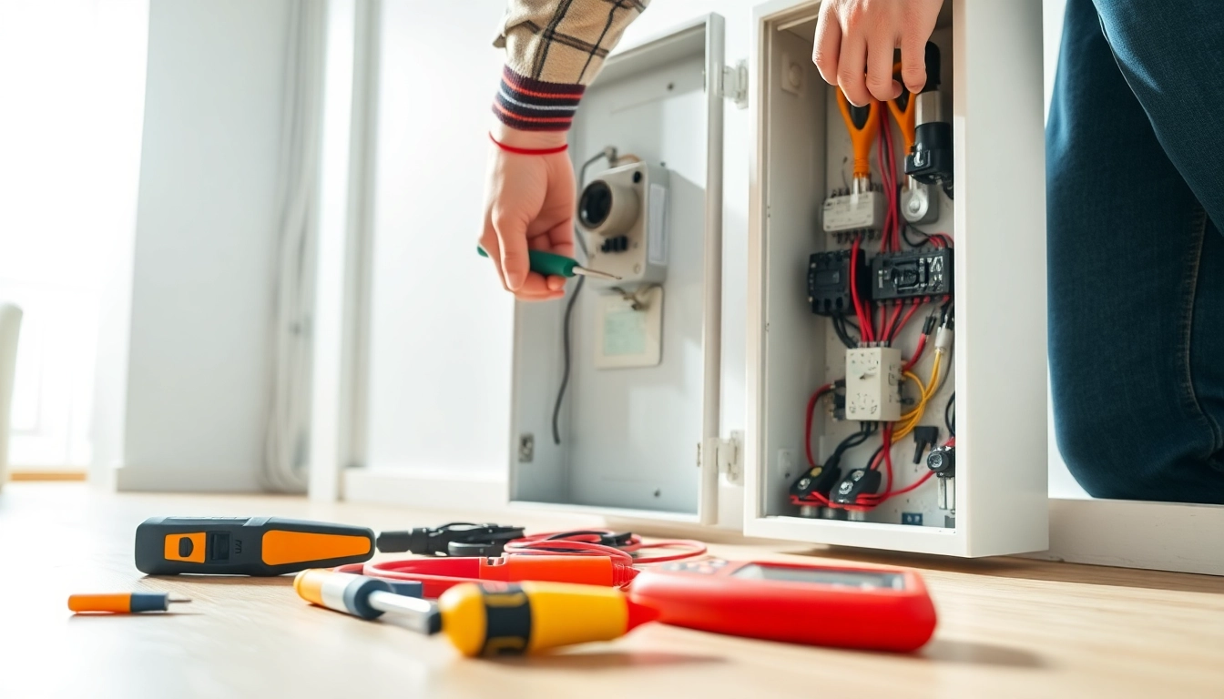 Performing an electrical panel upgrade, showcasing a professional electrician with tools in action.