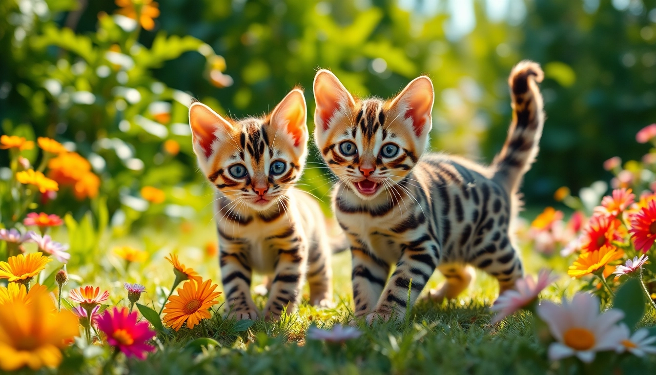 Adorable Bengal Breeders Orange County kittens playing in a sunlit garden.