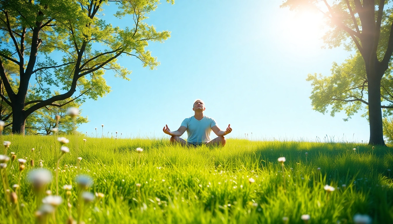 Practicing mindfulness techniques for dealing with stress in a tranquil outdoor setting.