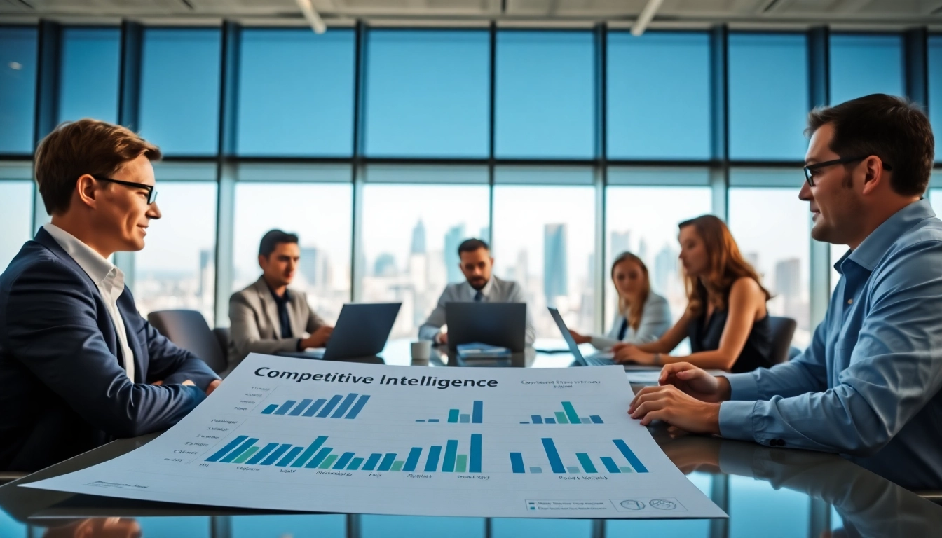 Engaging discussion on competitive intelligence among professionals in a modern office setting.