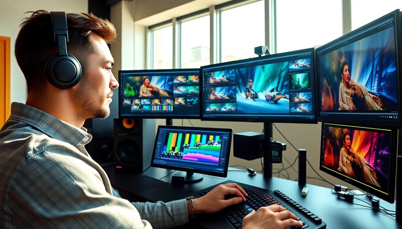 Editing & Post-Production workflow in a bright studio with a skilled editor and advanced equipment.