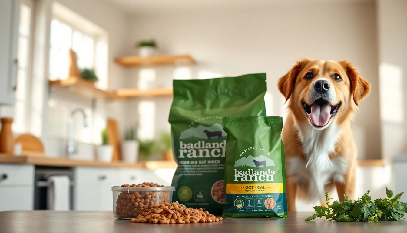 Showcase the badlands ranch dog food packaging next to a happy dog in a bright kitchen.