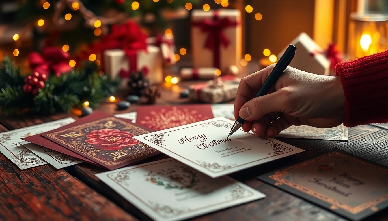 Order Christmas cards online UK featuring beautifully designed cards on a rustic table, enhancing festive spirit.