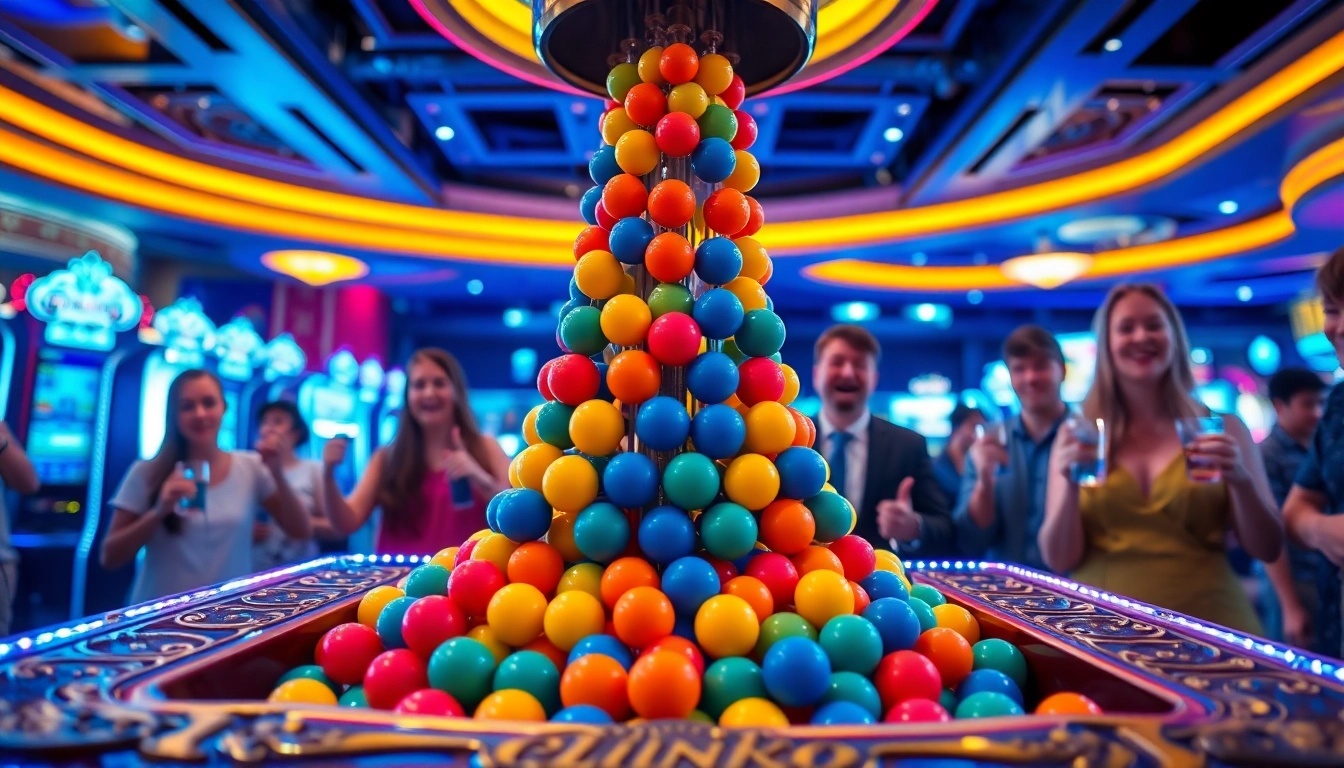 Играть плинко в казино на захватывающем игровом автомате Plinko с яркими шарами.