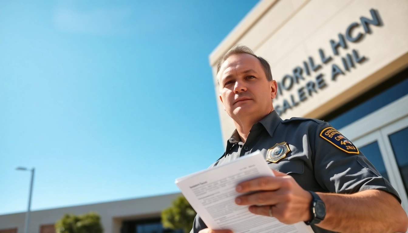 A law enforcement officer shares information outside the orange county jail, promoting transparency and accountability.