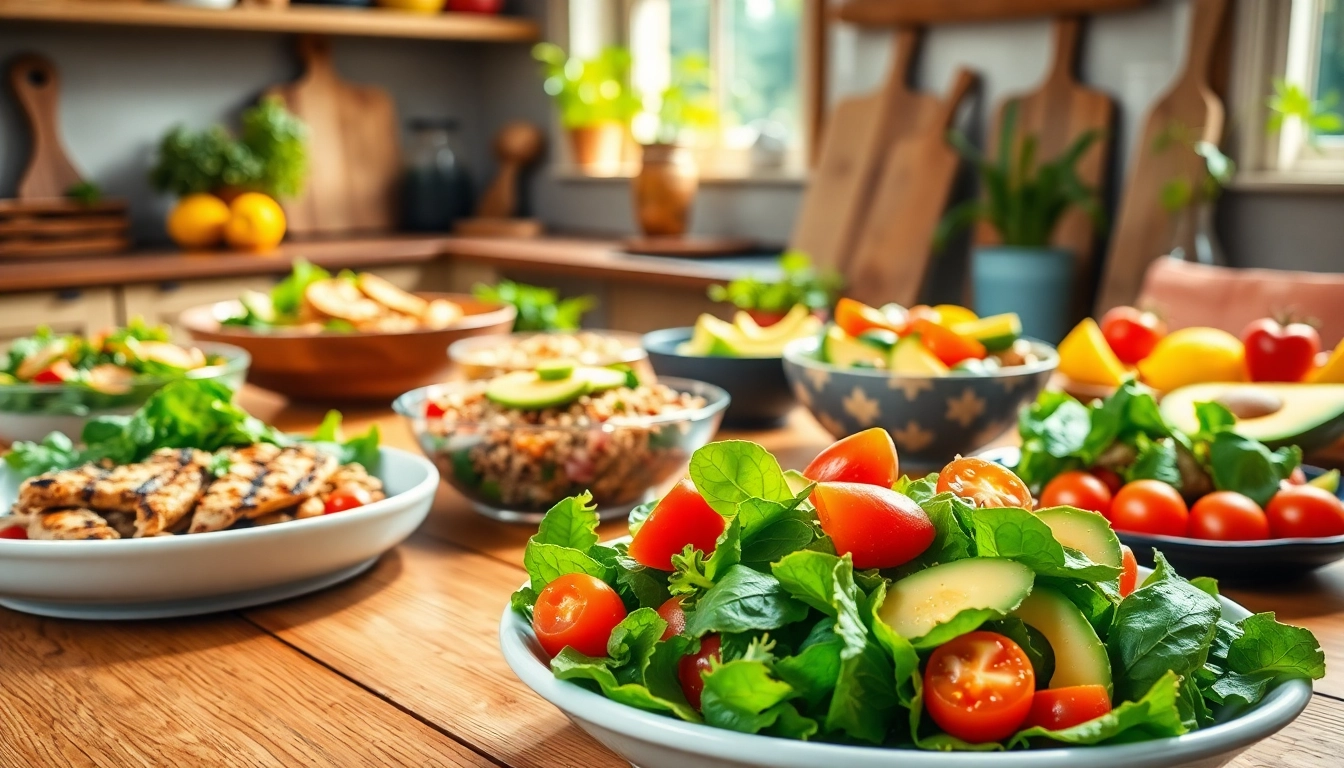 Healthy food meals to lose weight beautifully arranged on a wooden table, featuring vibrant salads and fruit.
