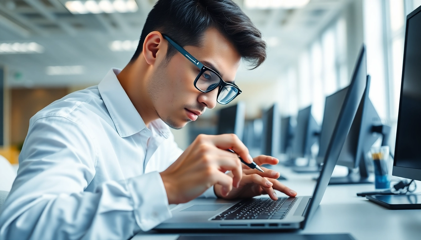 Technician providing essential computer services with tools in a bright office setting