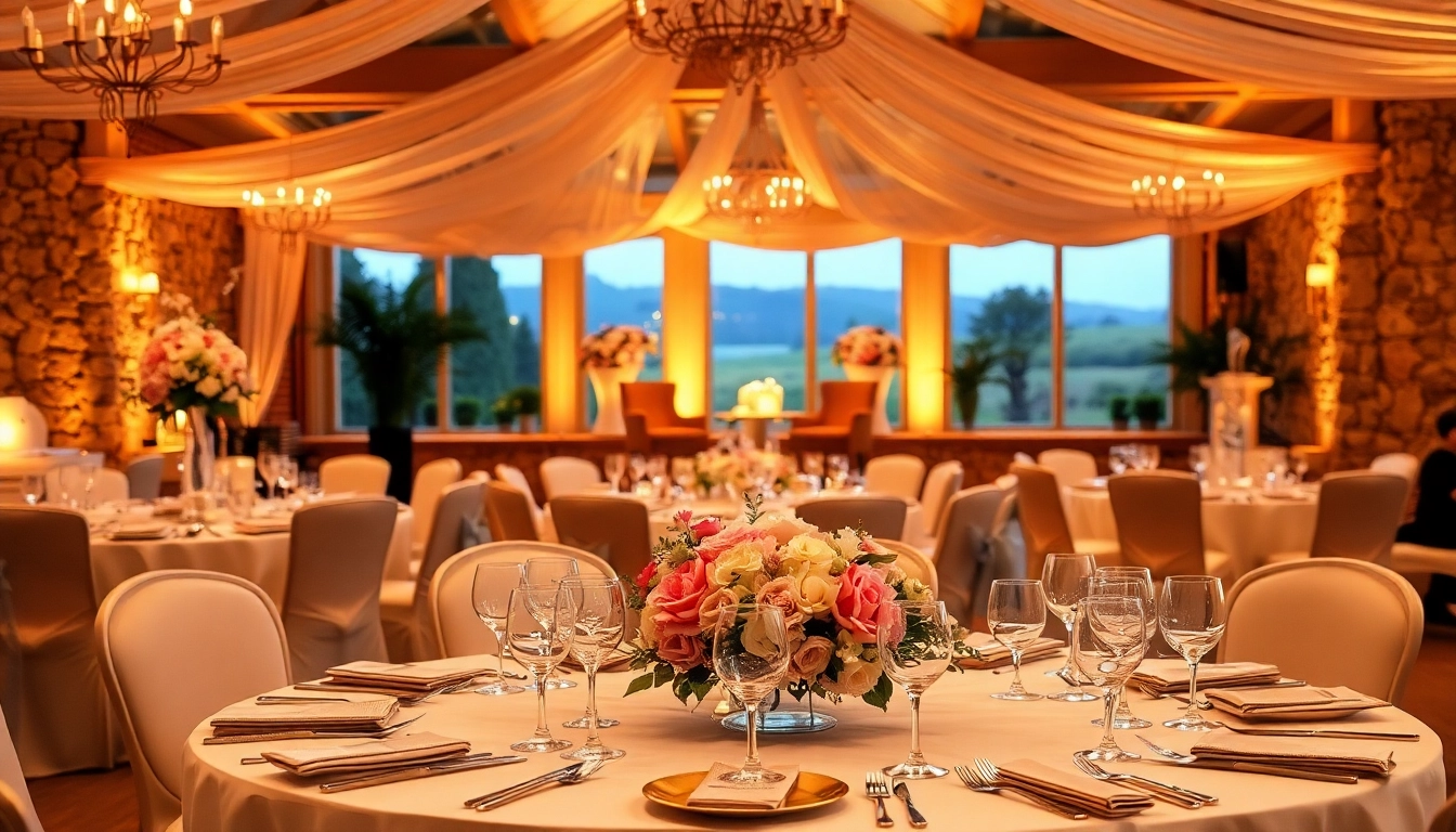 Host your next event in a luxurious event space featuring elegant decorations and soft lighting.