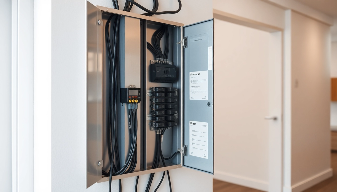 Inspecting an electrical panel with organized circuit breakers and wiring in a modern home setup.