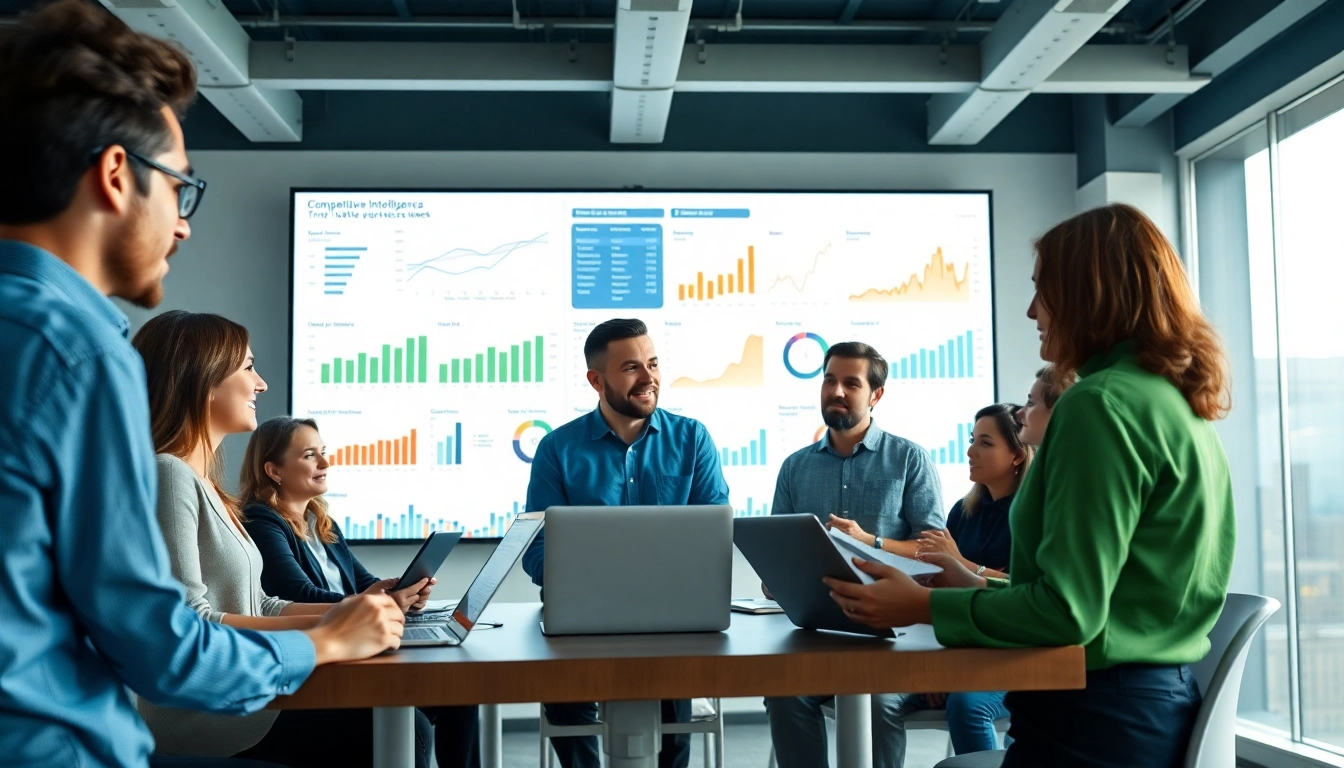 Analyze competitive intelligence strategies with a collaborative team in a modern office setting.