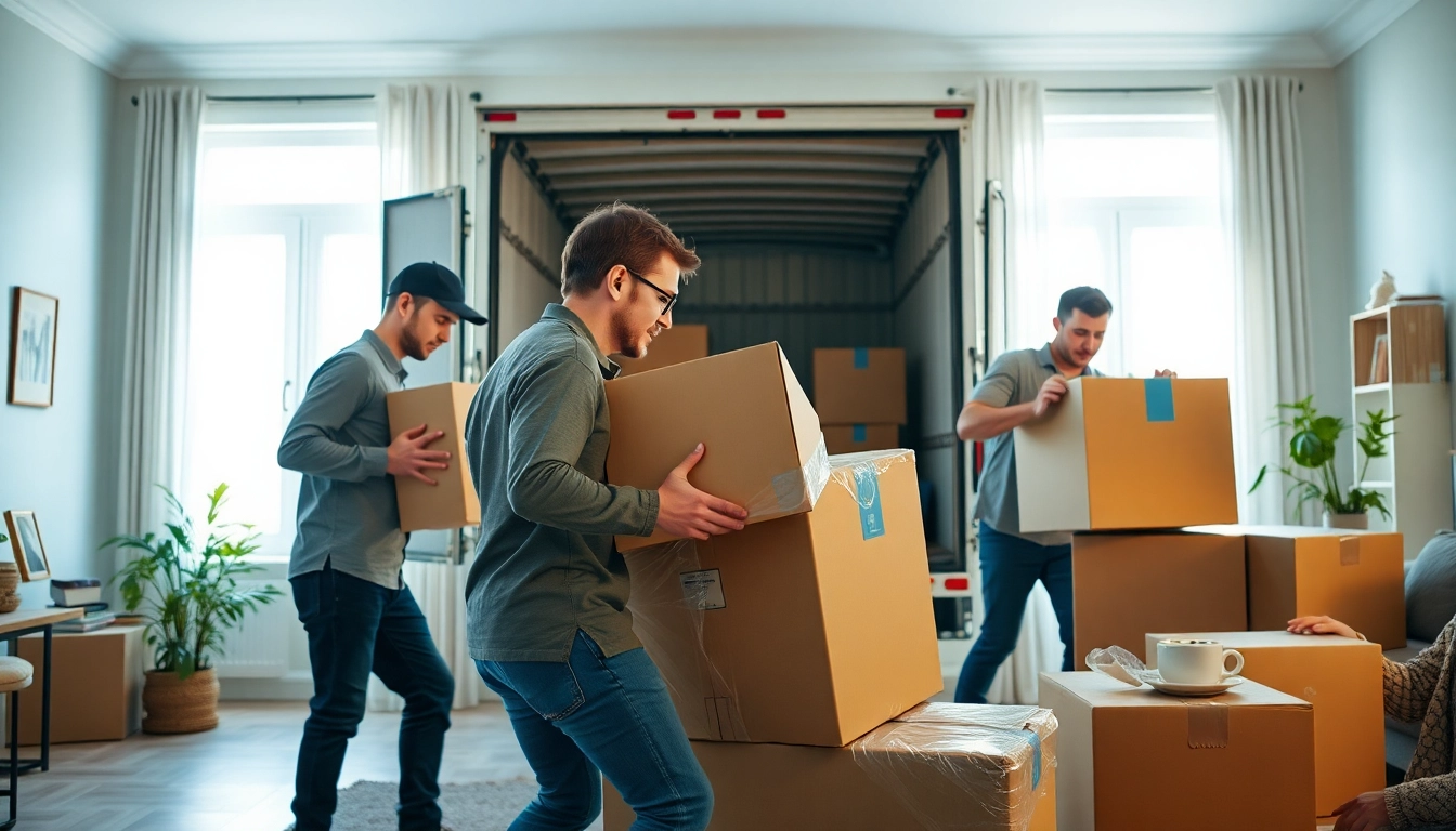 Movers from https://bennettsmoving.com/ carefully packing boxes in a bright, organized home setting.