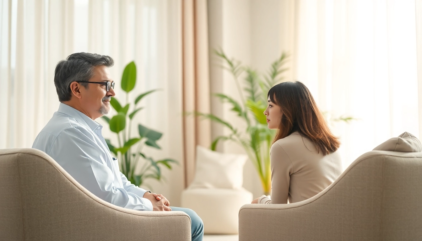 Client engaging in a supportive therapy session for dealing with depression in a calming environment.