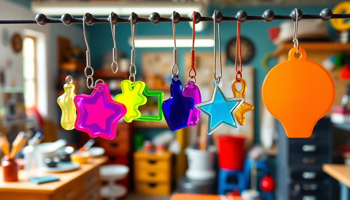 Showcase stunning acrylic charms displayed creatively on a pegboard in a vibrant workshop.