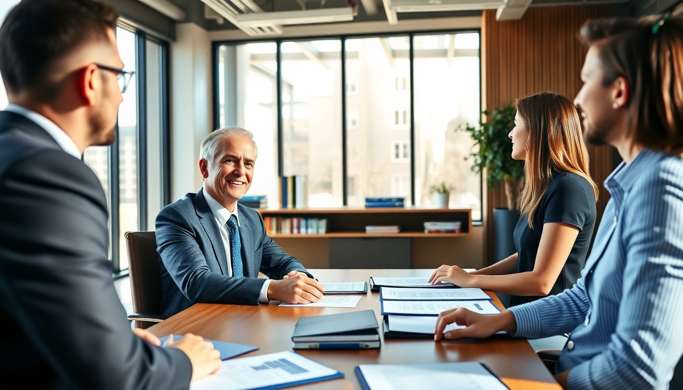 real estate lawyer advising clients in a welcoming office environment with legal documents.