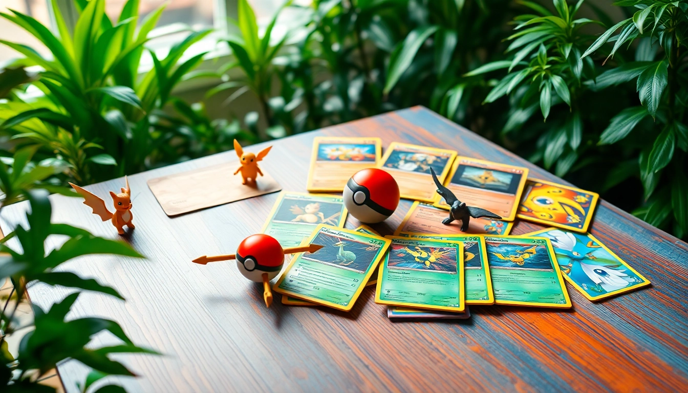 Showcase of real pokemon cards india elegantly displayed with collectibles and vibrant greenery.
