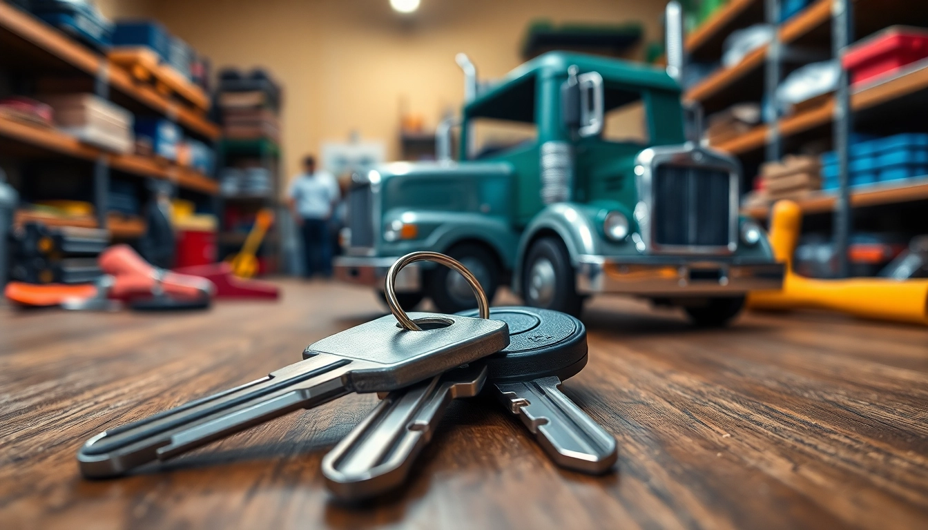 Unlock potential with these detailed truck keys on a workbench surrounded by tools.