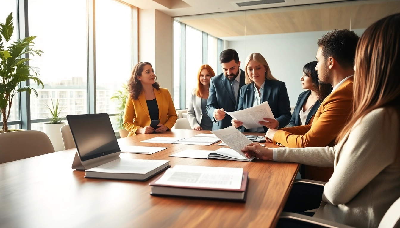 Engaging real estate lawyer discussing legal matters with clients in the office.