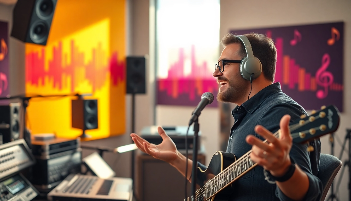 Musician engaged in music pitching in a vibrant studio setting