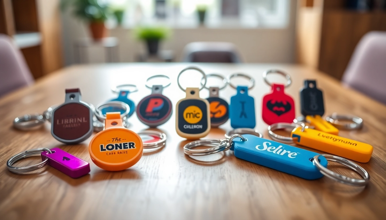 Showcasing customized key chains with unique designs and vibrant colors on a wooden table.