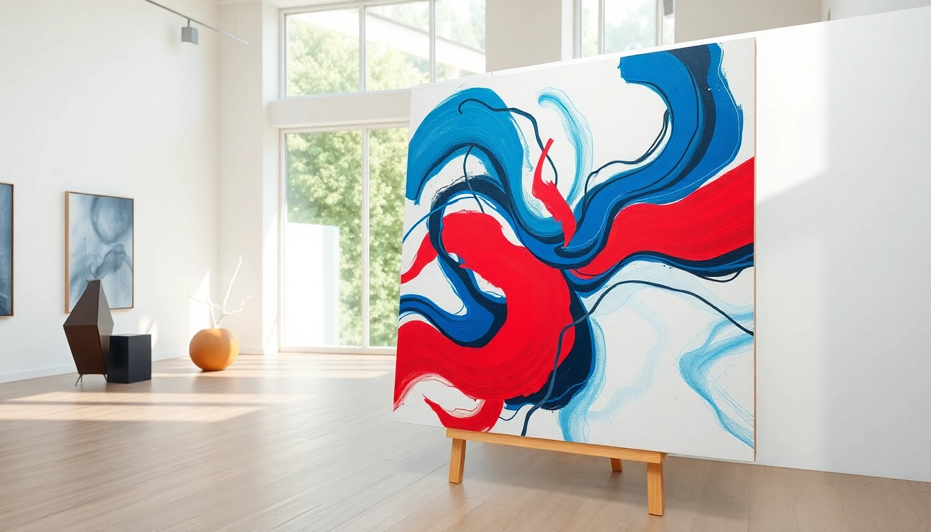 Showcase of abstract paintings art in a vibrant contemporary gallery setting with dynamic color contrasts.