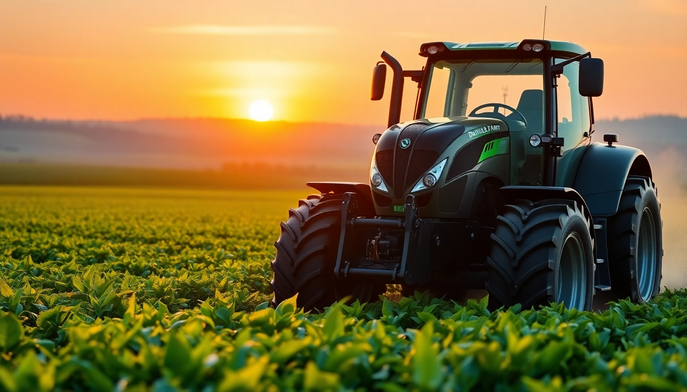 Deutz Fahr Traktor bearbeiten Feld unter goldenem Licht bei Sonnenuntergang