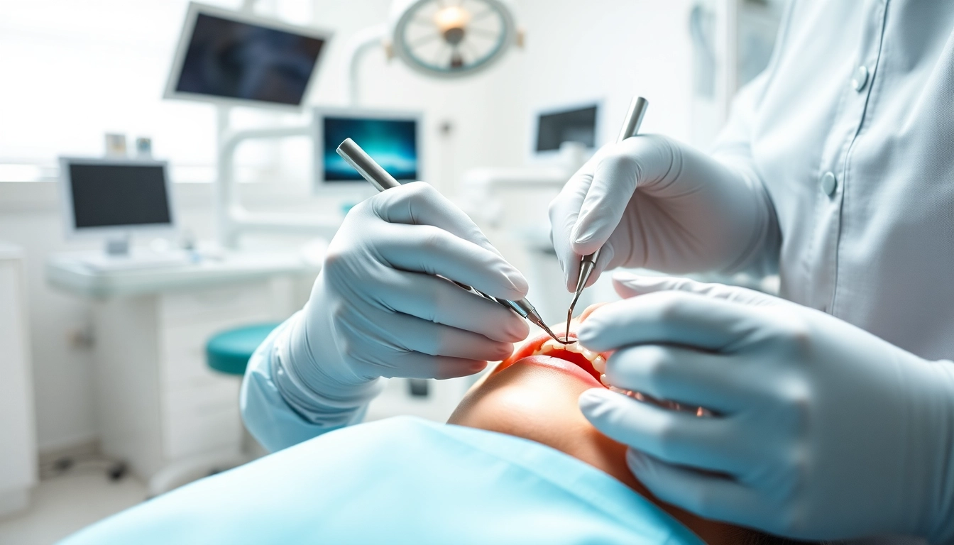 Repairing cavities with fillings and restorative work during a dental procedure.