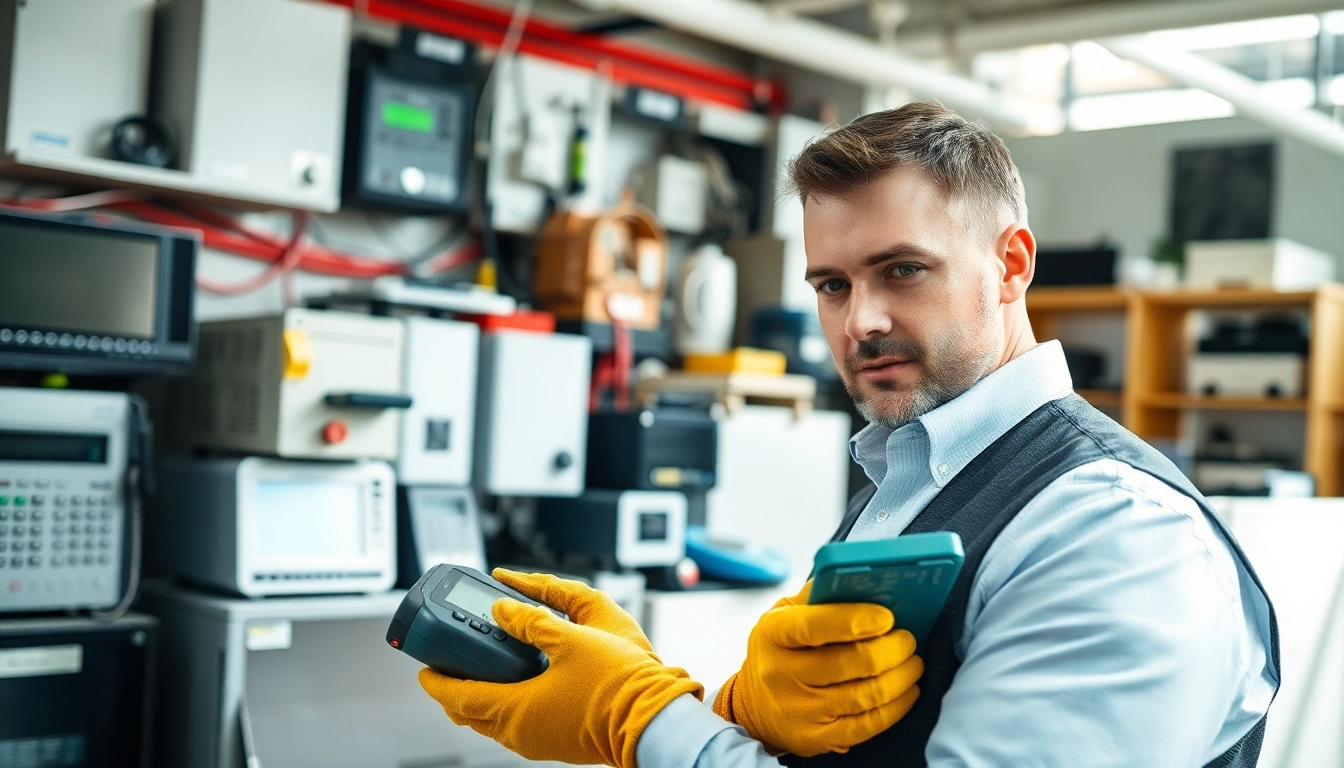 Performing PAT testing Lichfield in a commercial environment with safety equipment and tools.