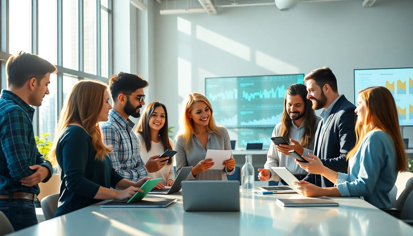 Showcasing a dynamic team at a social media agency engaged in collaboration and strategy session.