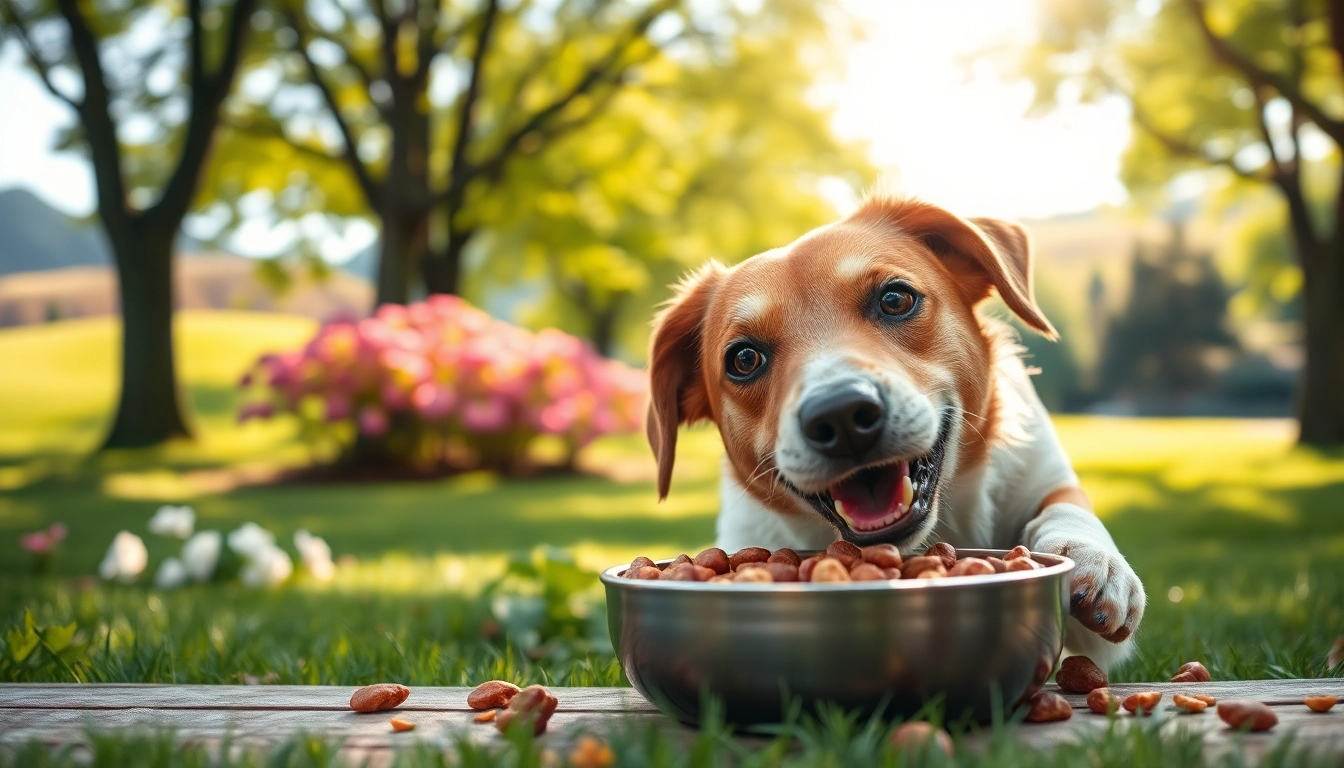 Dog happily eating nature's blend dog food canada in a lush park setting.