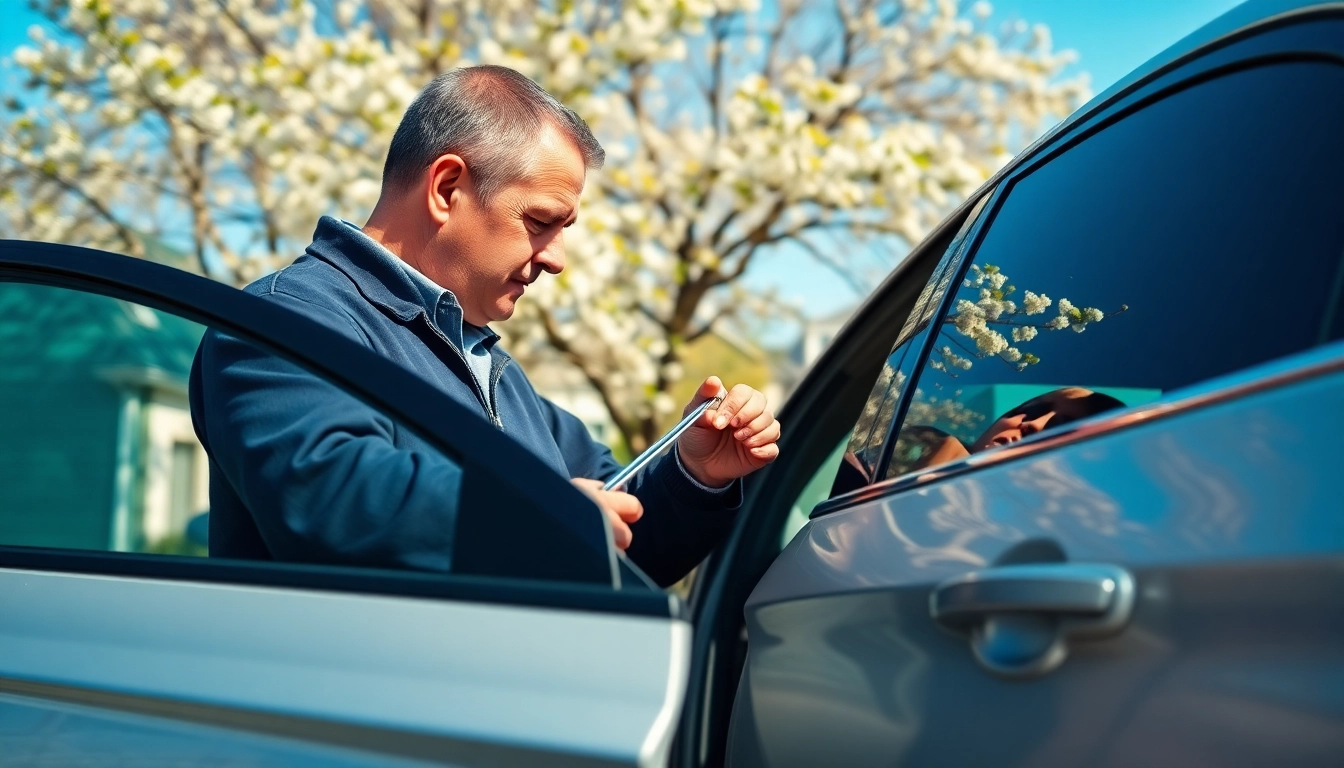 Unlocking keys locked in car with a locksmith using a slim jim tool