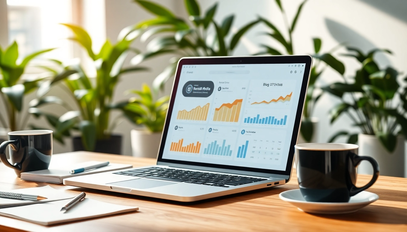Illustrate Social media and blog automation with an engaging office workspace showcasing analytics.