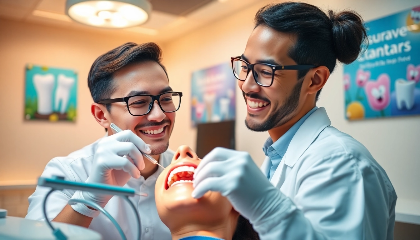 Conduct checkups in a modern dental clinic with a friendly dentist and patient.