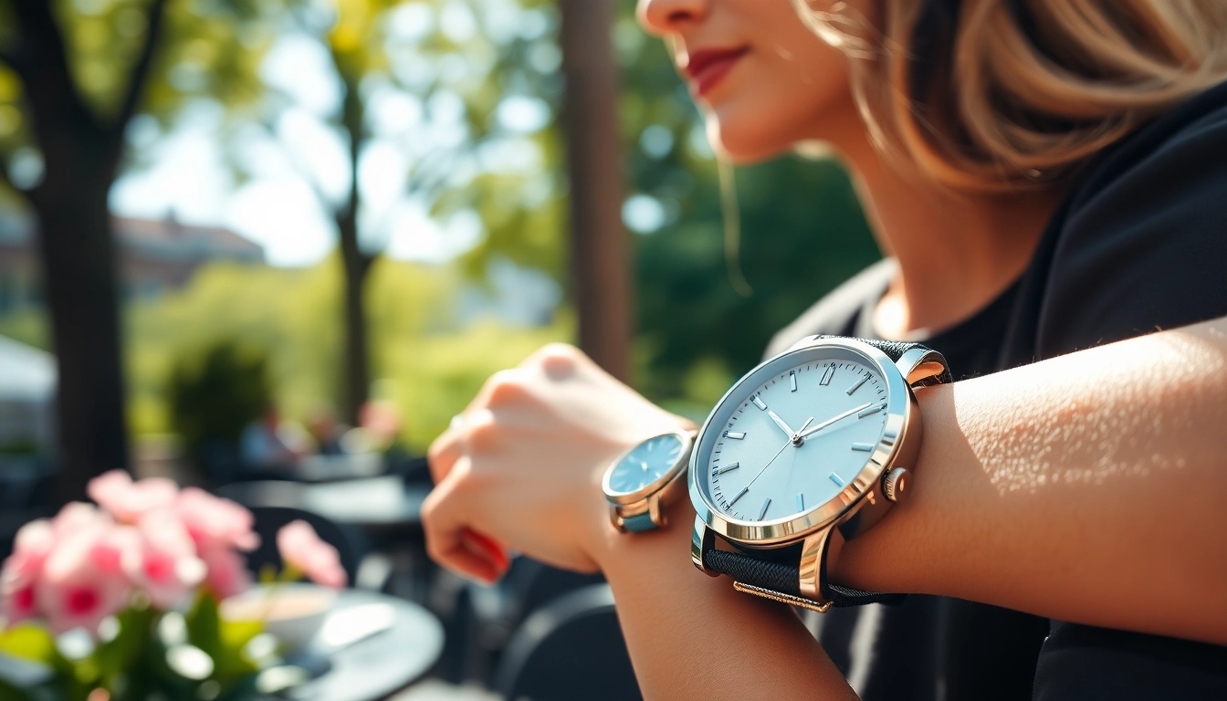 Damen Armbanduhren im Fokus, elegant getragen von einer stilvollen Frau im Café.