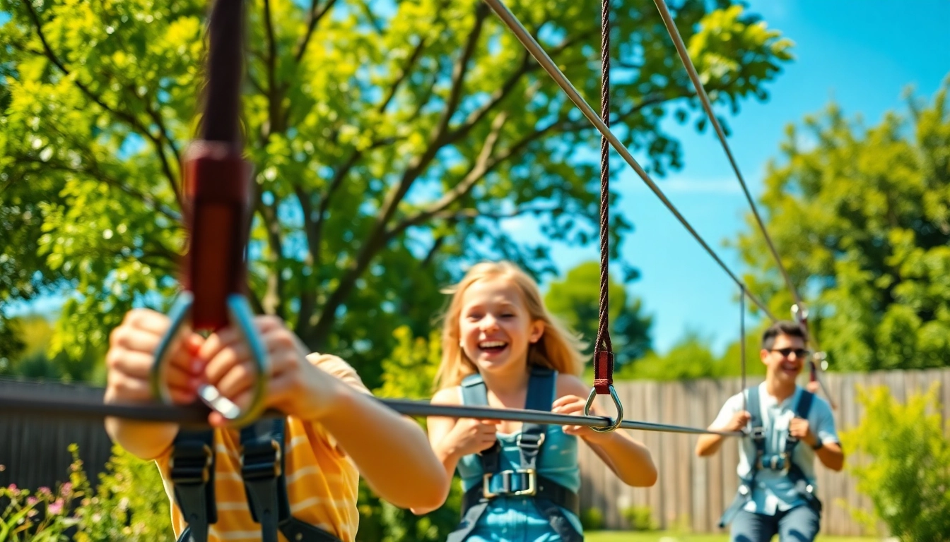 Children enjoying a GARDEN ZIP WIRE KIT in a vibrant backyard playground setting.