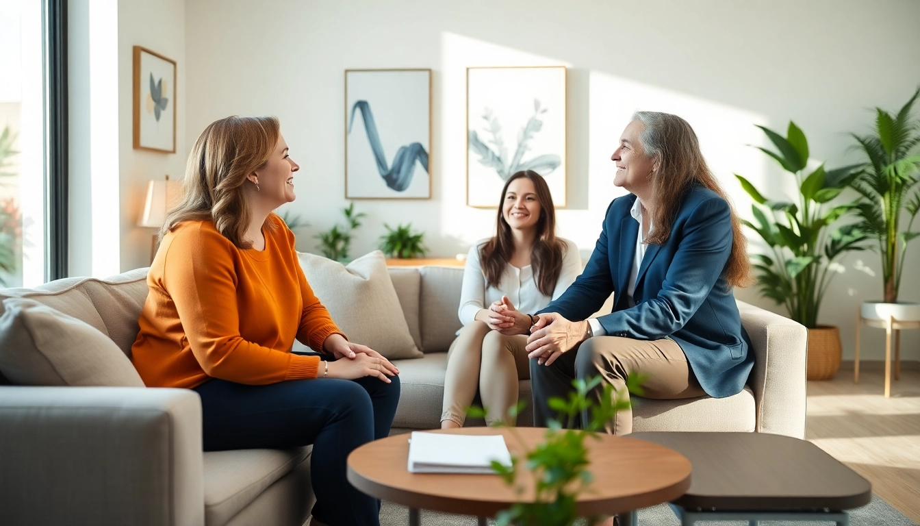 Relationship coach facilitating a supportive session in a warm, inviting office setting.