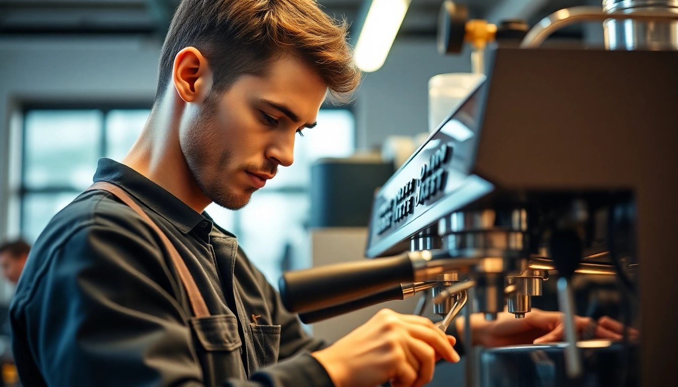 Cimbali service technique in action with a technician repairing an espresso machine.