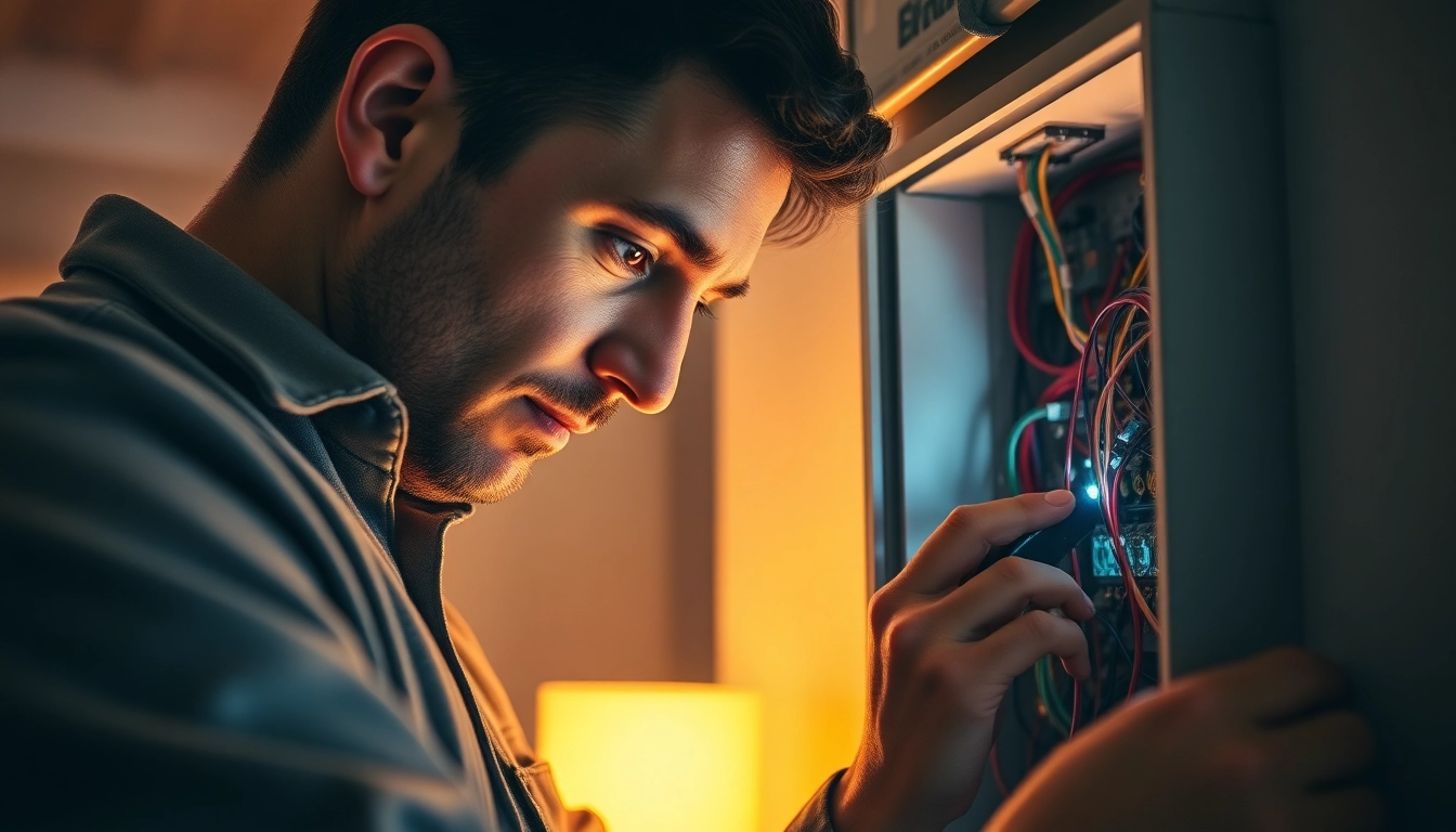 Electrician inspecting circuit box showcasing reliable Electrical Service expertise.