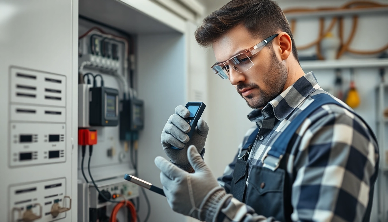 Electrical Service expert inspecting panels using advanced tools in a bright workshop.