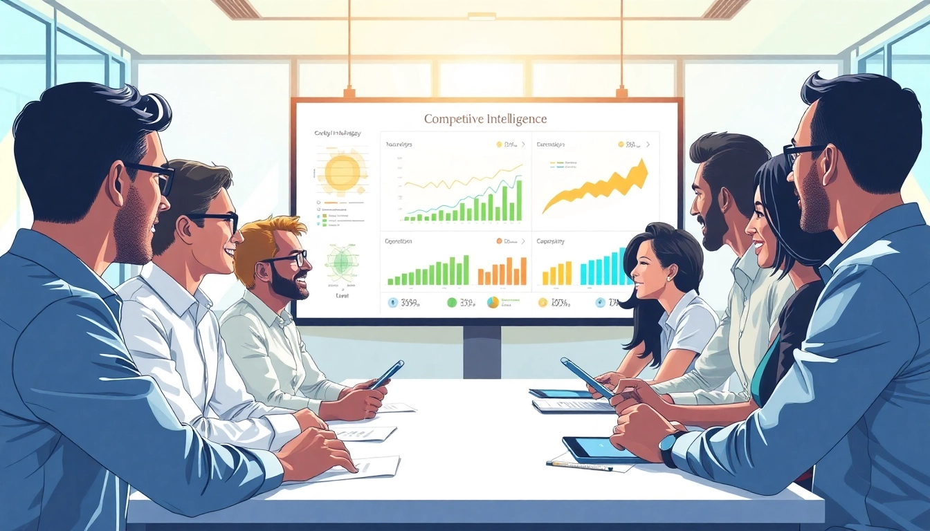 Engaged team utilizing ai prompts for competitive intelligence in a modern conference room.
