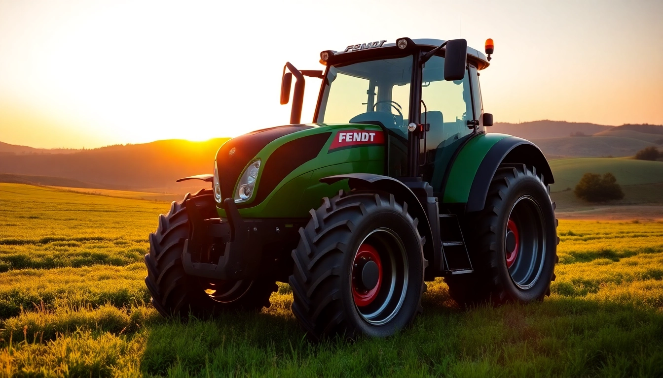 Fendt-Traktor auf grüner Wiese mit schöner Landschaft im Hintergrund.