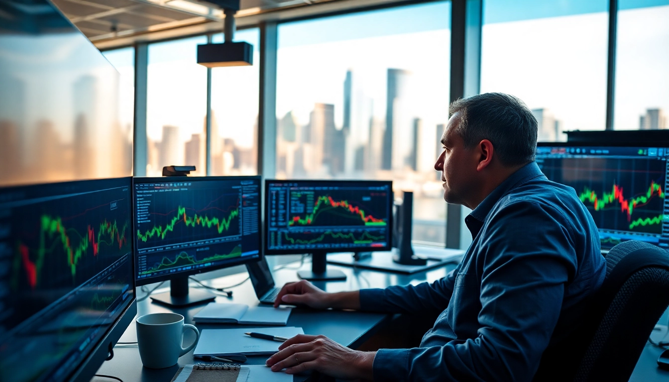 Engaged in elite trading, a professional checks market trends on screens in a dynamic setting.