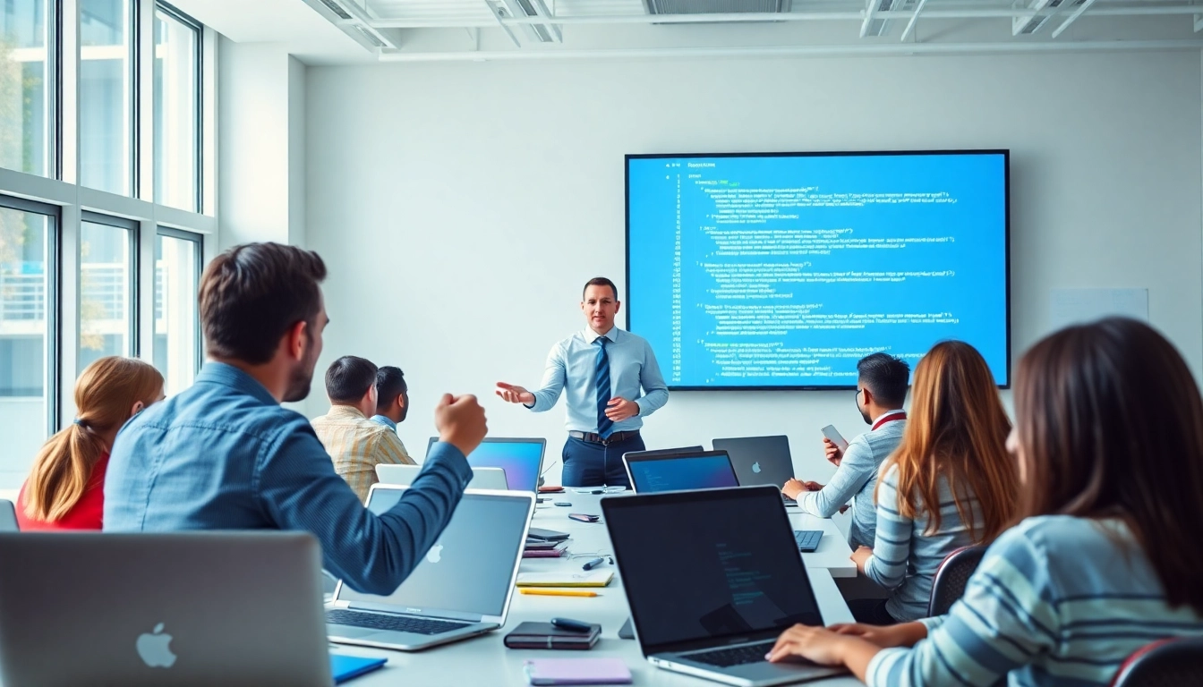 Engaged students in a PHP course for beginners led by a professional instructor in a bright classroom.