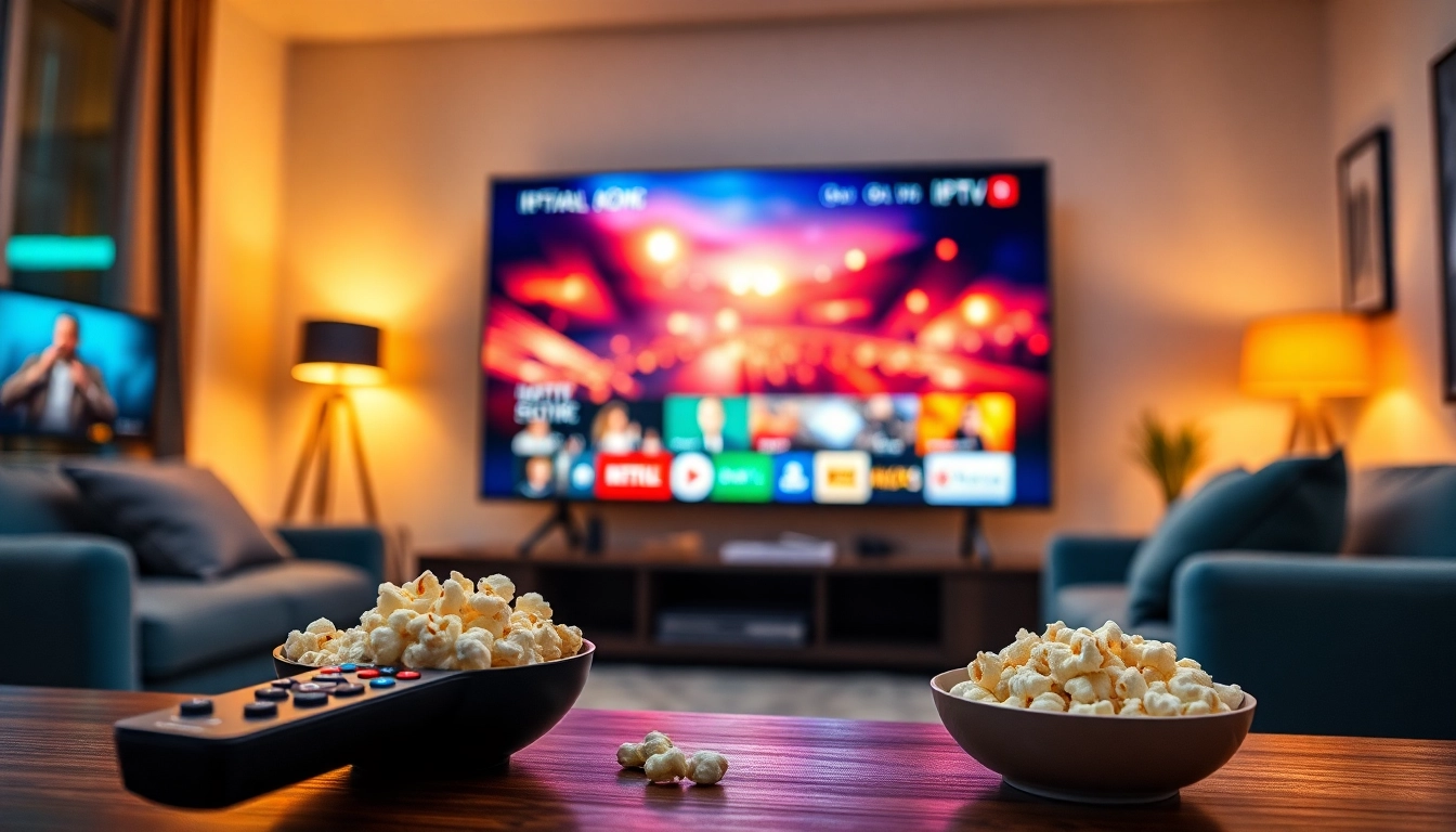 Experience a vibrant IPTV subscription in a cozy home entertainment setup with a modern smart TV.