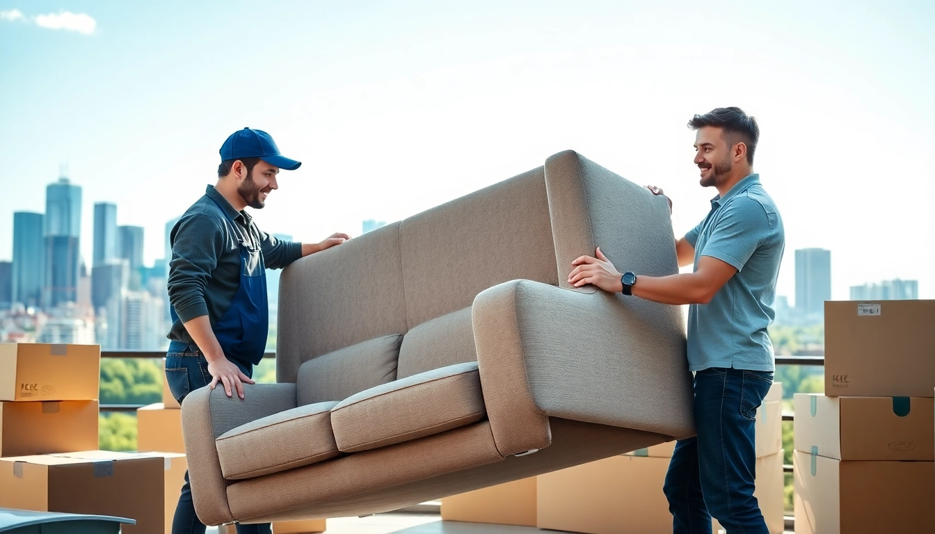 Movers Calgary team efficiently relocating furniture in a vibrant urban setting.