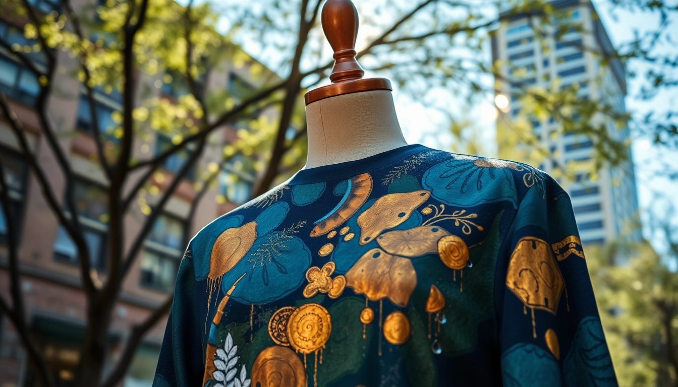 Showcase of premium art clothing Calgary featuring hand-painted designs against an urban backdrop.