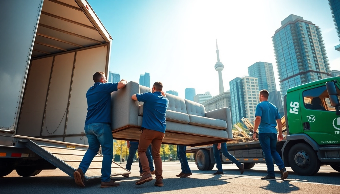 Efficient moving companies in Toronto Ontario crew loading furniture into a truck in a bustling urban setting.