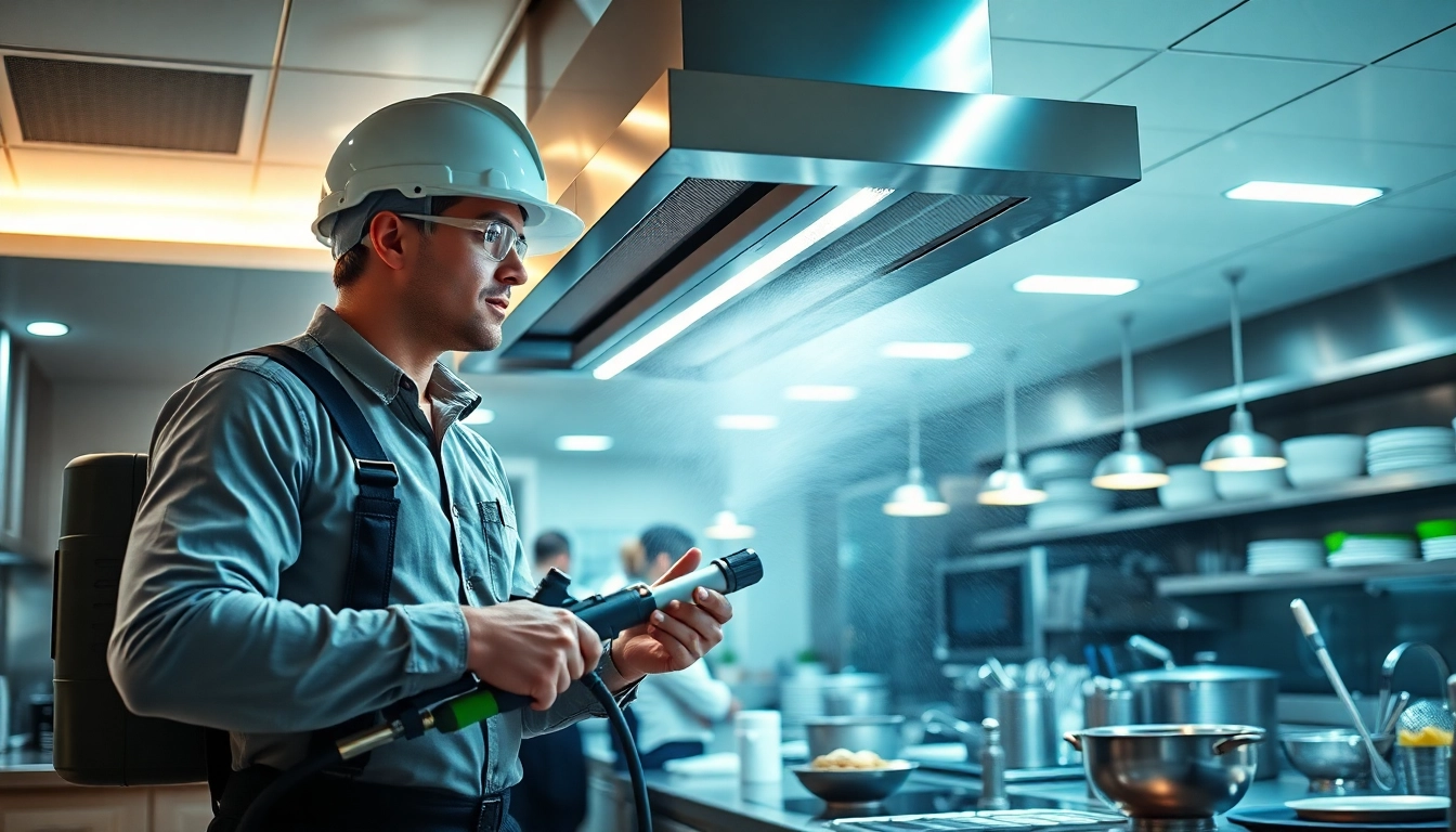 Showing Restaurant Exhaust Hood Cleaning service in action with a technician working in a busy kitchen.