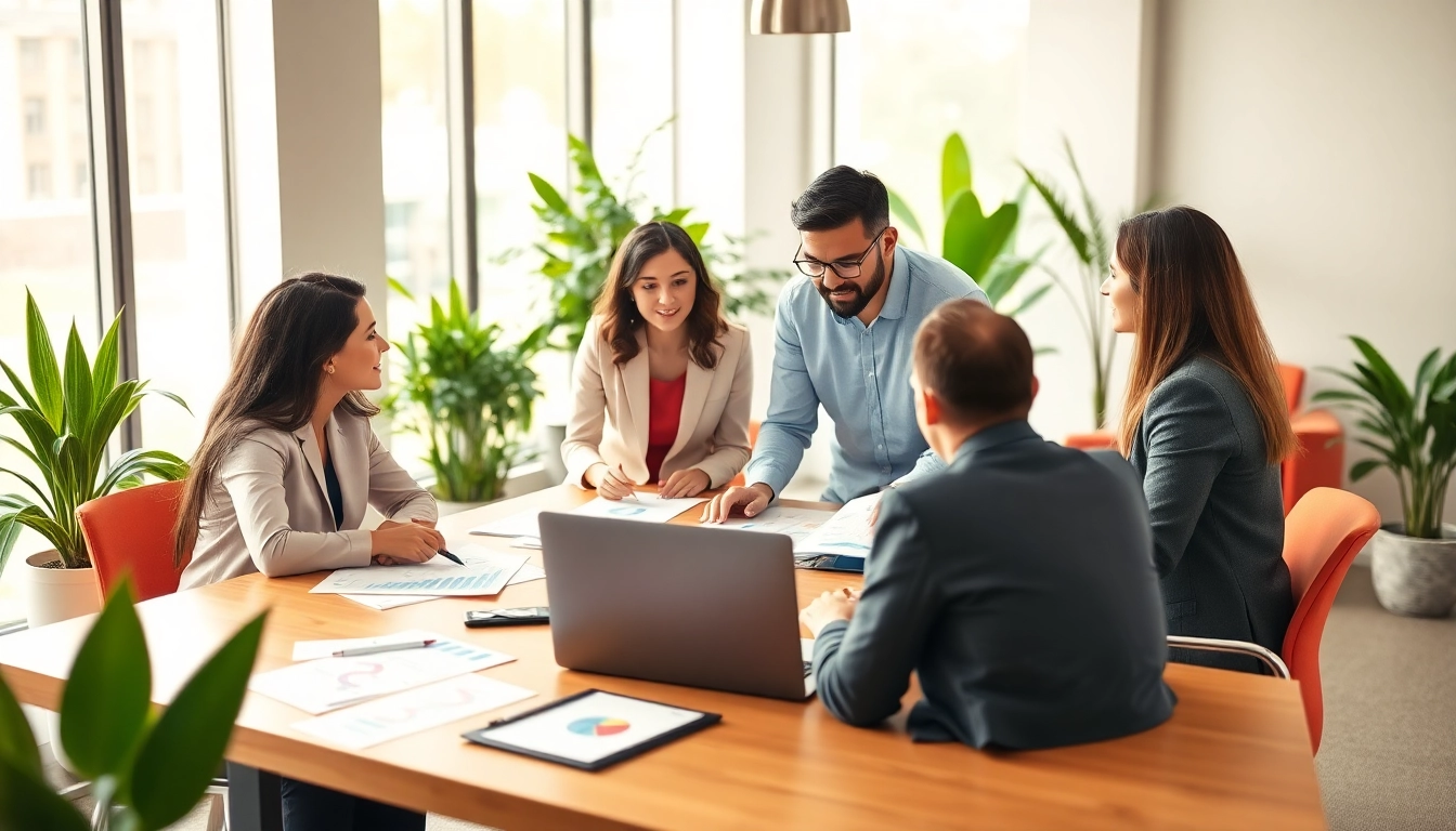 Illustrating Business Consulting Solutions through a diverse team collaboration in a modern office.