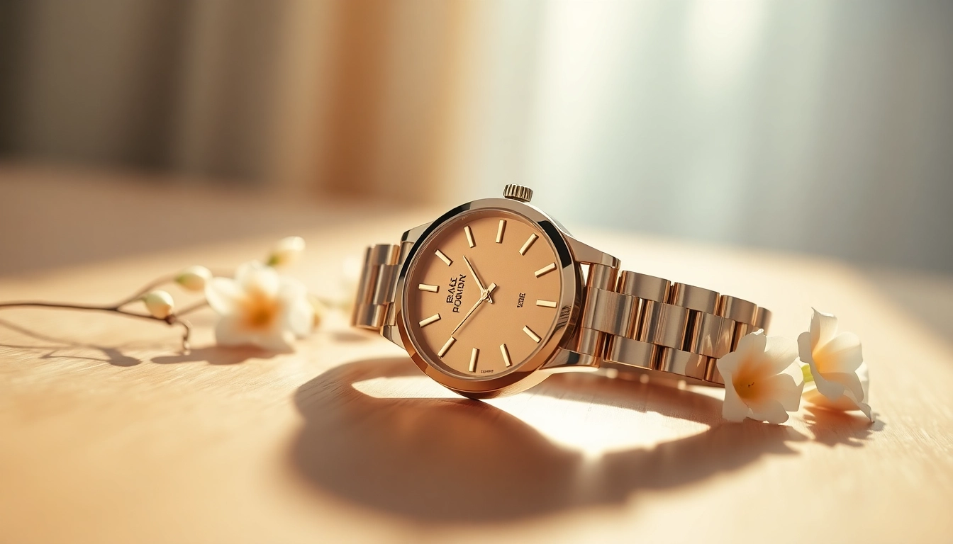 Damen Armbanduhr in elegant Design auf einer minimalistischen Holzoberfläche präsentiert.